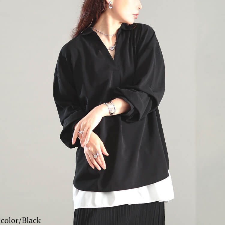 大きいサイズ レディース タックスリーブスキッパーシャツチュニック ブラック