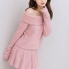 大きいサイズ レディース オフショル風リブニットセットアップ ピンク
