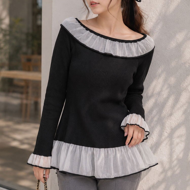 大きいサイズ レディース チュールフリルリブトップス