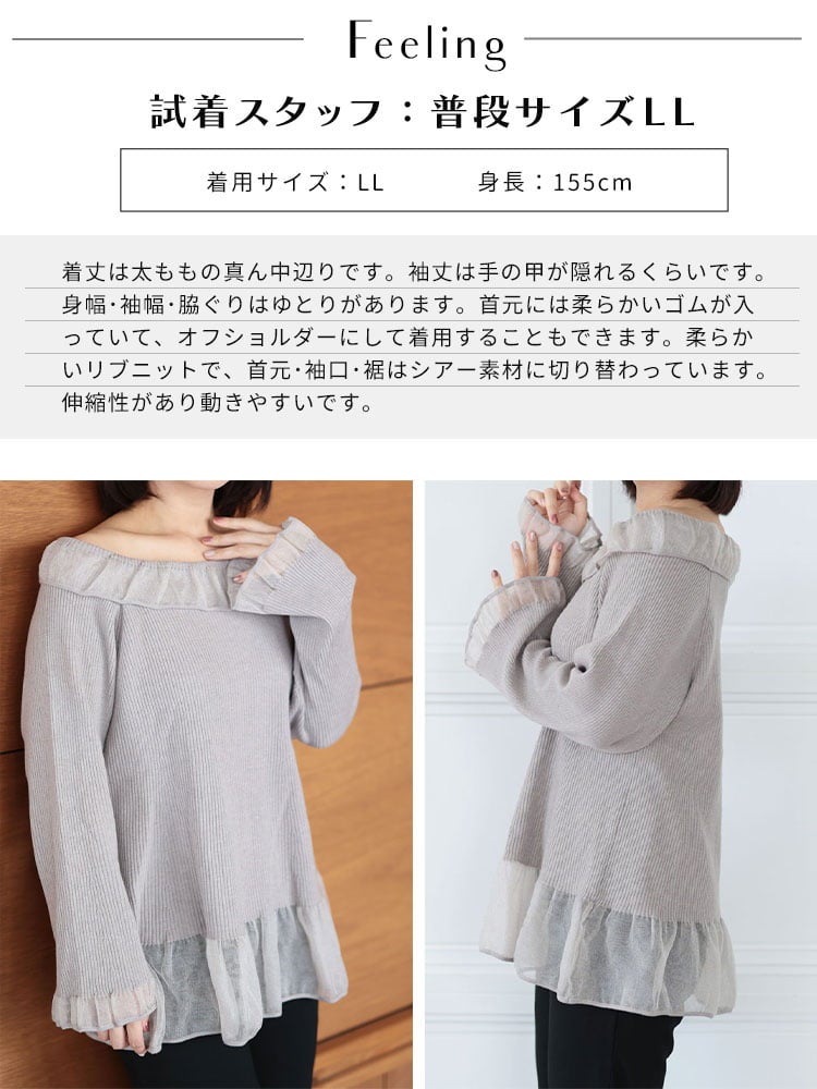 大きいサイズ レディース チュールフリルリブトップス