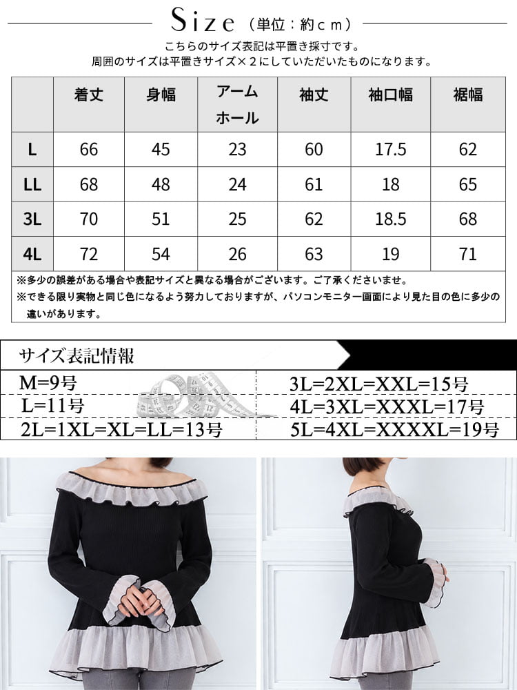 大きいサイズ レディース チュールフリルリブトップス