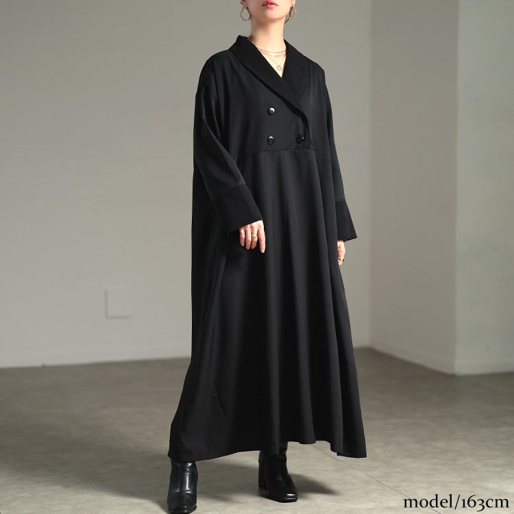 大きいサイズ レディース ダブルボタンテーラードロングワンピース ブラック