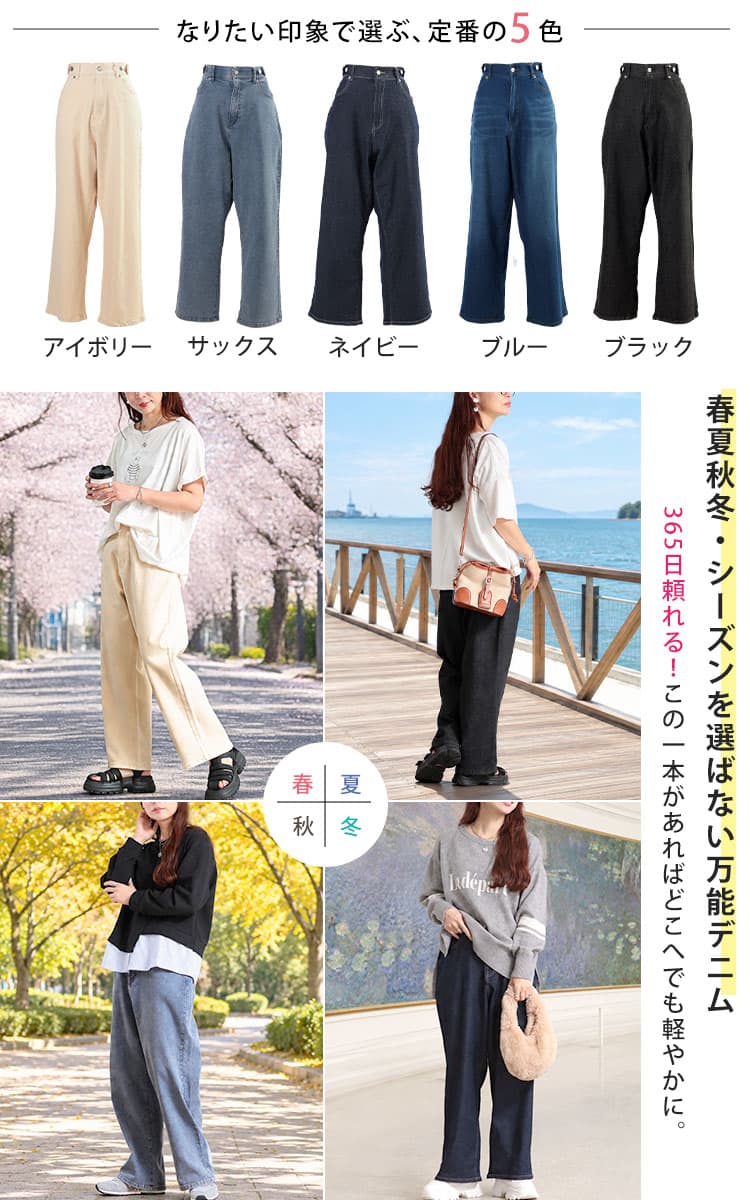 大きいサイズ レディース ストレッチストレートワイドデニムパンツ