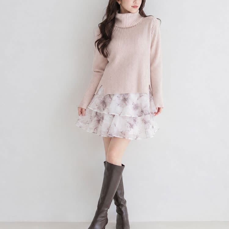 大きいサイズ レディース タートルニット＆フラワーシフォンティアードスカートセット