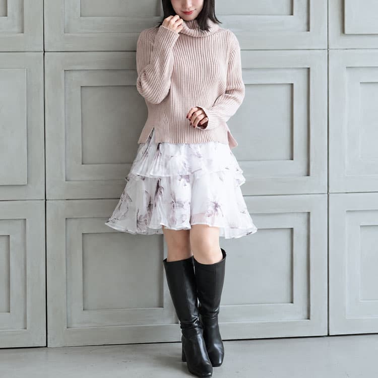 大きいサイズ レディース タートルニット＆フラワーシフォンティアードスカートセット