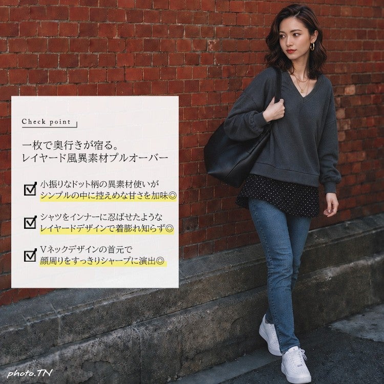 大きいサイズ レディース ドット柄フェイクレイヤードVネックプルオーバー