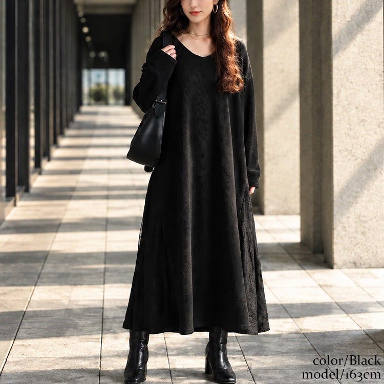 大きいサイズ レディース サイドレース切替ロングワンピース