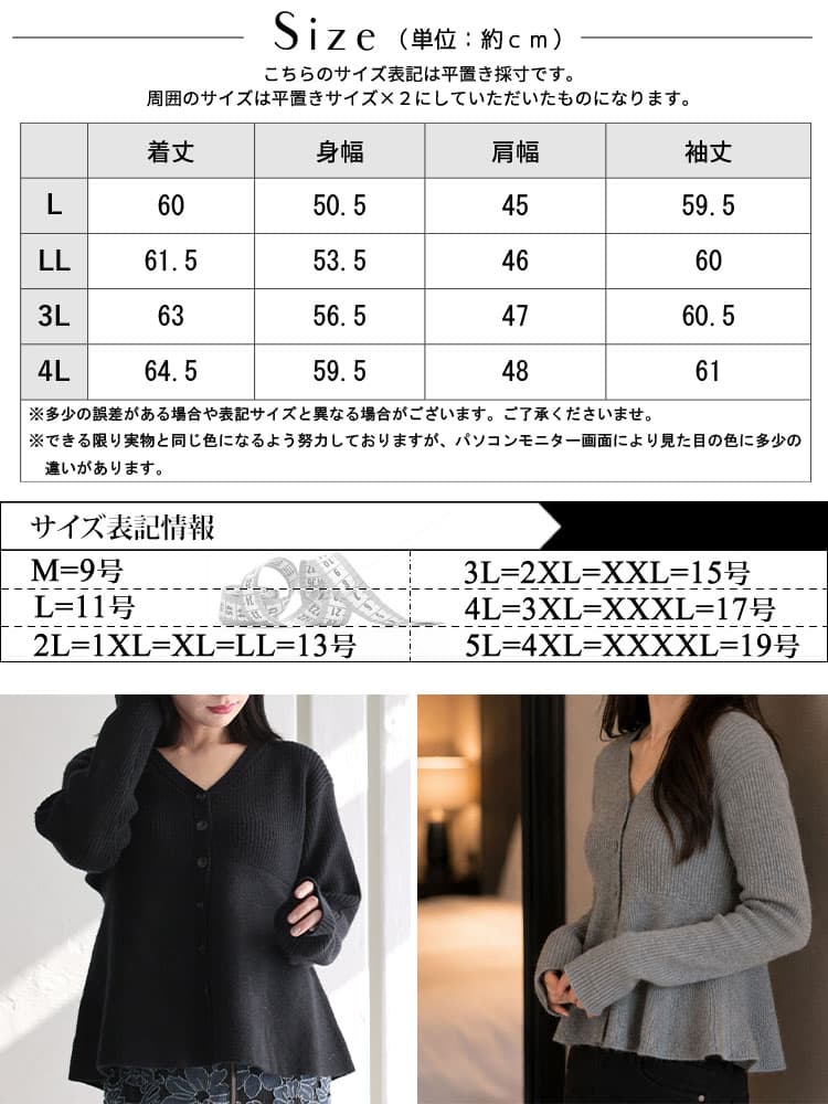 大きいサイズ レディース ペプラムシルエットVネックカーディガン