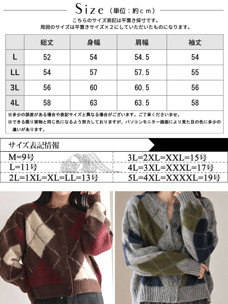 大きいサイズ レディース アーガイルチェックニットカーディガン