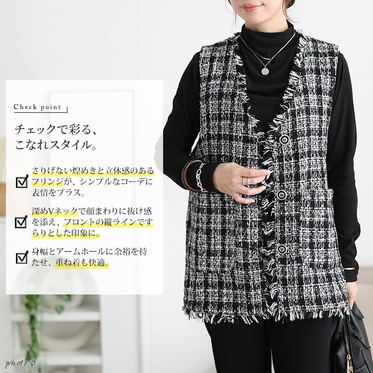 大きいサイズ レディース ラメツイード風チェック柄フリンジジレ