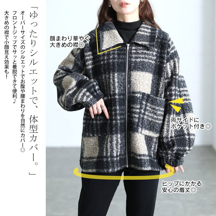 大きいサイズ レディース ビッグチェック柄ボア風ショートコート