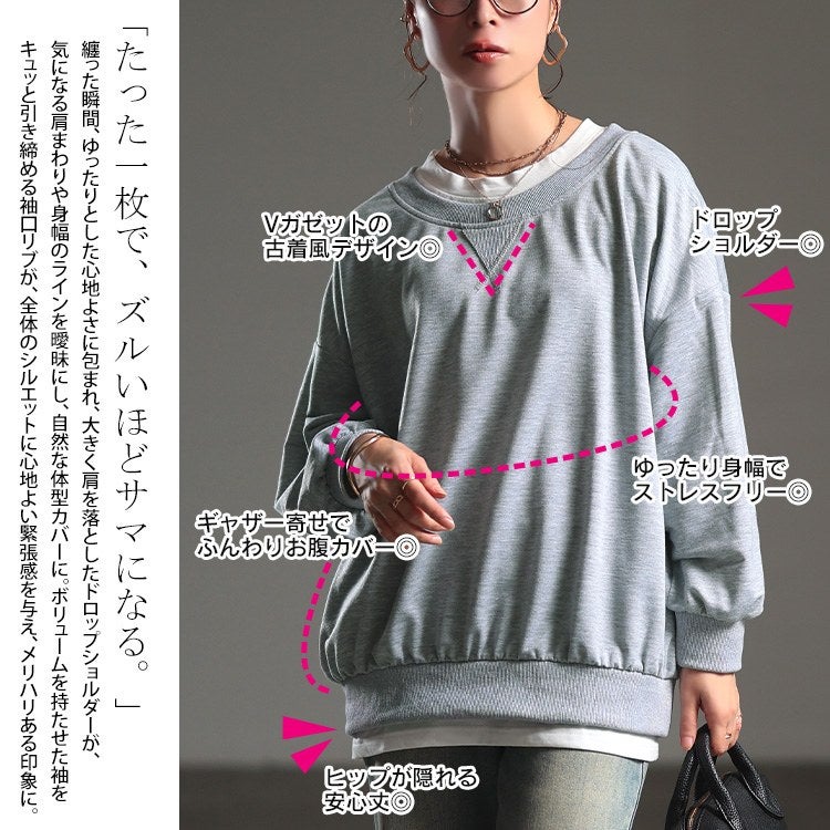 大きいサイズ レディース フェイクレイヤードクルーネックプルオーバー