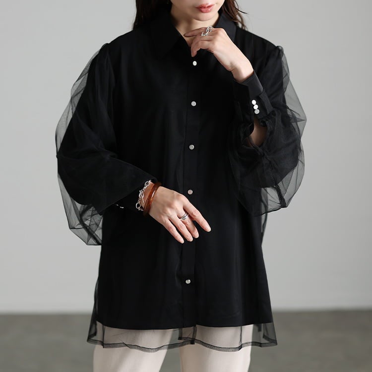 大きいサイズ レディース シアーチュールレイヤードブラウス