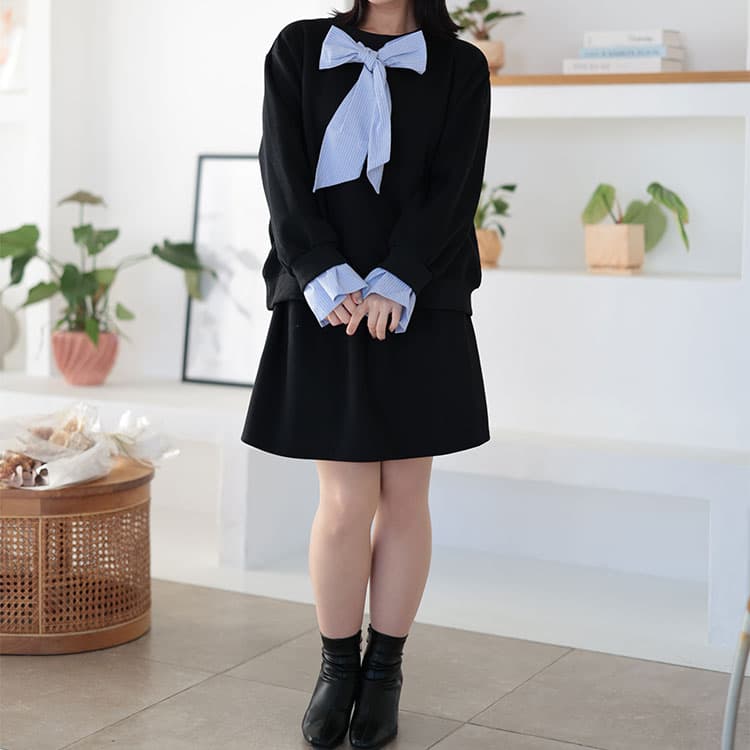 大きいサイズ レディース スウェット×シャツフェイクレイヤードトップス＆スウェットミニスカート