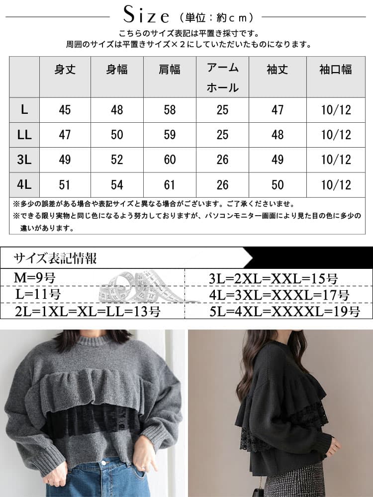 大きいサイズ レディース ティアードレースフリルクロップドニットトップス