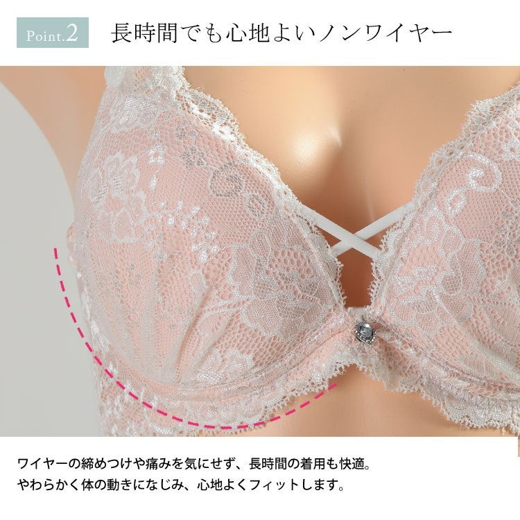 大きいサイズ レディース フラワーレースノンワイヤーブラ＆ショーツセット